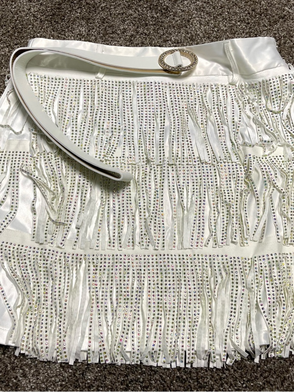 White Rhinestone Fringe Skirt Set with Belt
